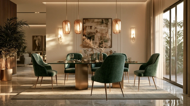 Glass dining table with velvet chairs