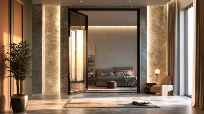 Glass bedroom door with sleek black frame
