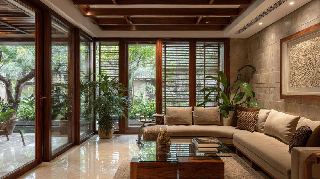 Clear glass door in rich wood frame brightening drawing room