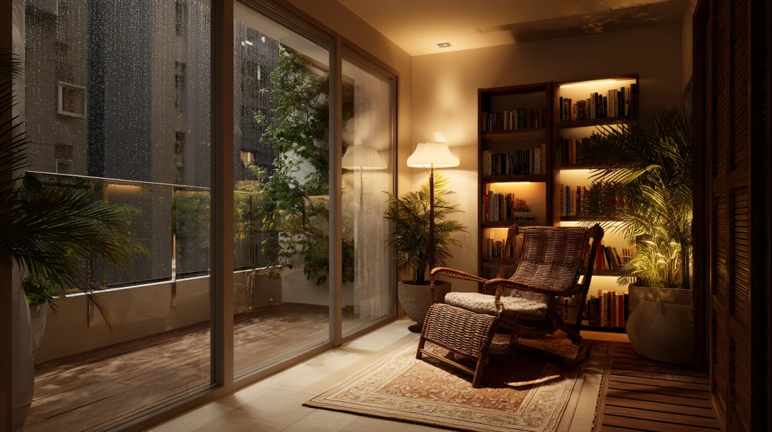 Glass enclosed cosy balcony sitout in flat