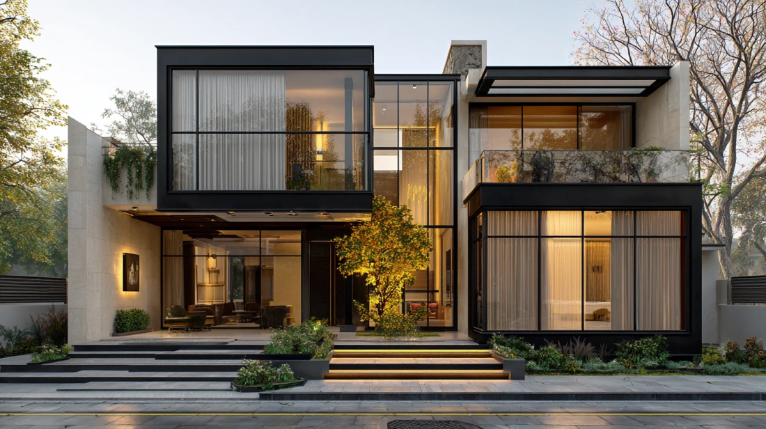 Indian house with large glass panels and curtains