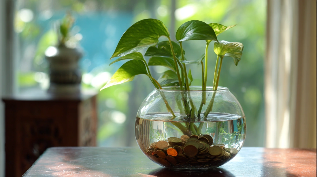 Glass bowl with money plant on living room table
