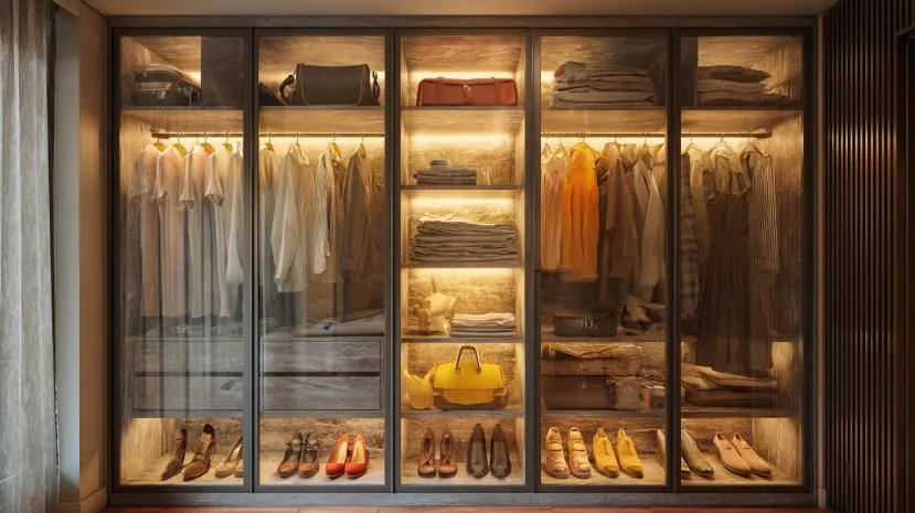 Glass-fronted wardrobe inside design for ladies