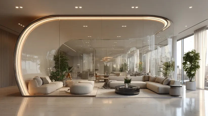 Large stone archway with floor-to-ceiling glass and metal doors
