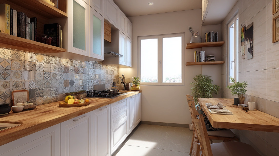 Frosted glass shutters in small Scandinavian Indian kitchen