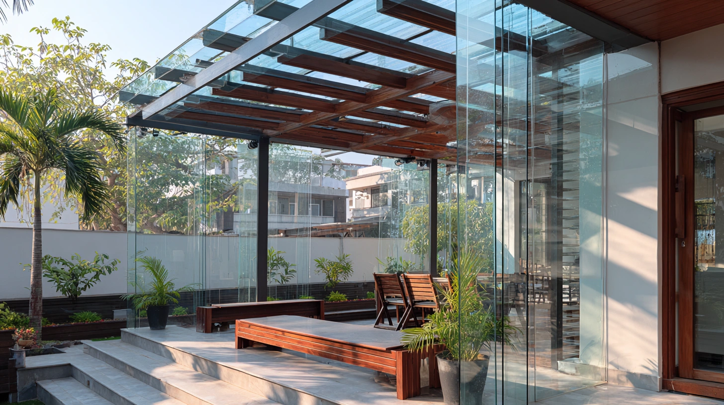 Modern verandah featuring transparent glass panels with a slim metal handrail