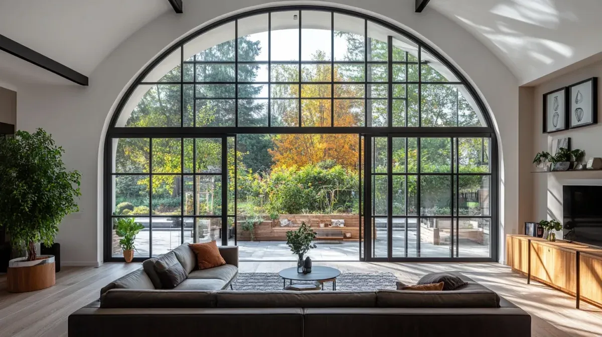 Large white interior arch with floor-to-ceiling black glass panels