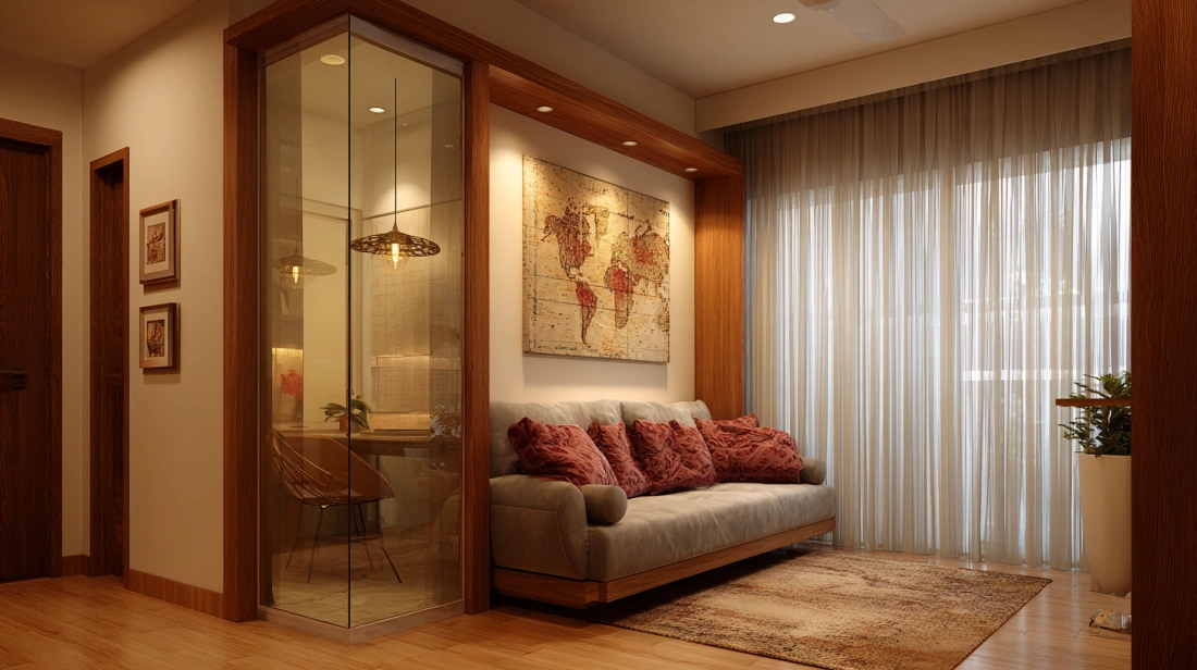 Glass partition between bedroom and bathroom in studio