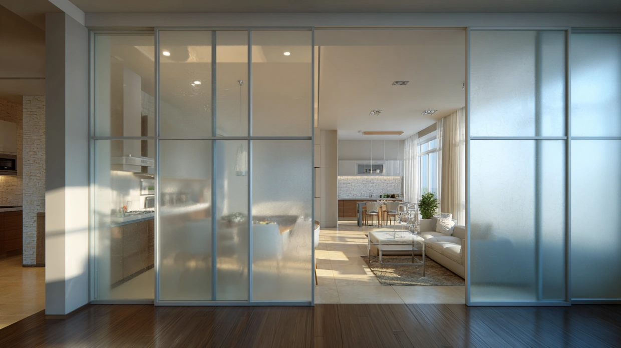 Glass partition dividing living and dining with light flow