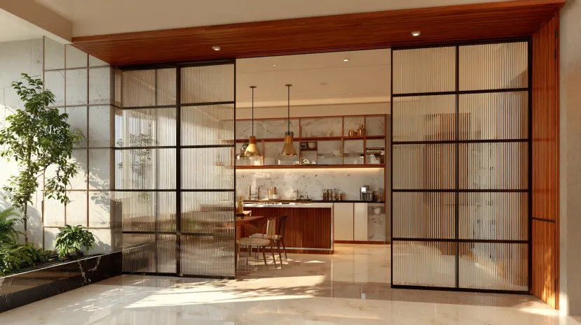glass partitions for kitchen entrance design with modern look