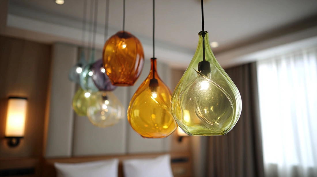 Decorative glass pendant lights hanging over a bedroom area
