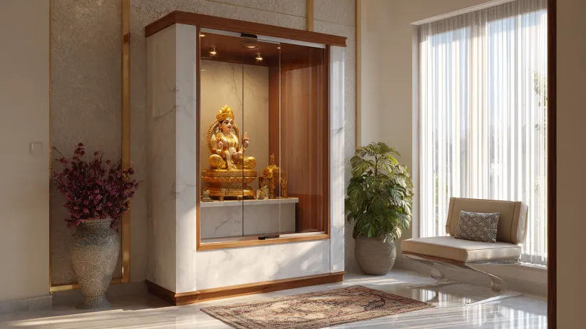 Glass Indian mandir design for home interiors