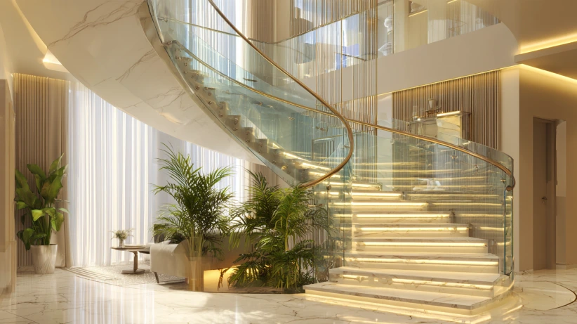 glass round grill featured in modern staircase design