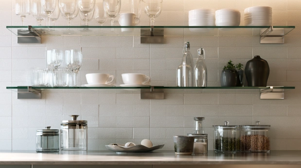Glass shelf kitchen rack with modern display