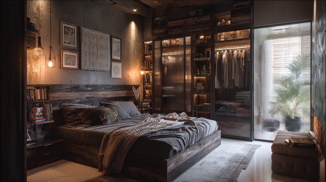 Glass wall with loft storage in tight bedroom layout