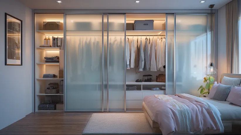 glass modern wardrobe design for bedroom with sleek reflective doors