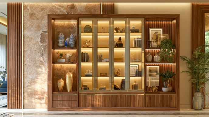 Glass and wood showcase for hall