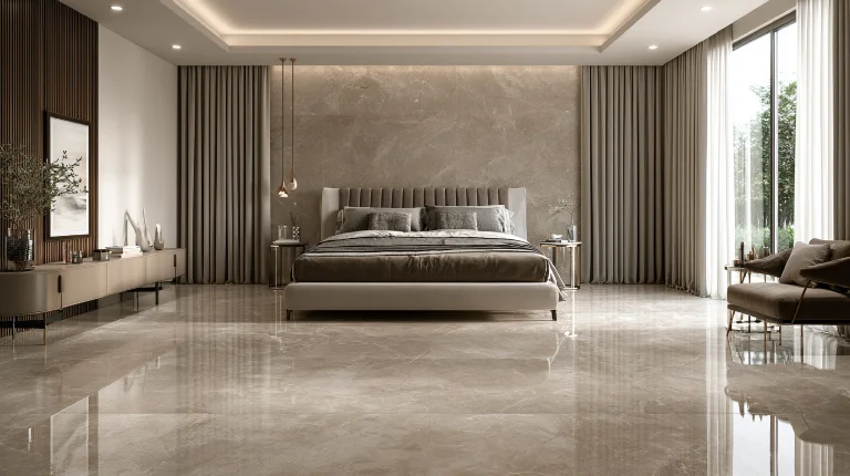 Glazed vitrified 3D tiles in a modern bedroom