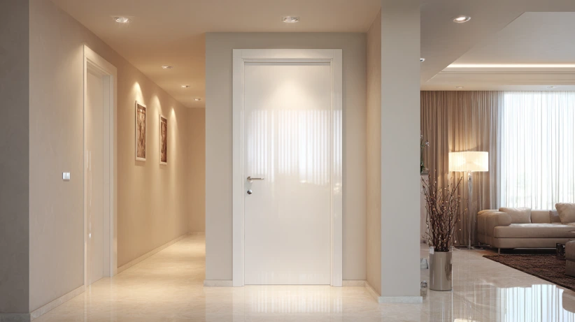 glossy white laminate finish featured in modern flush door designs
