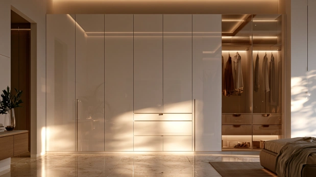 Reflective glossy white modular wardrobe for bedrooms.