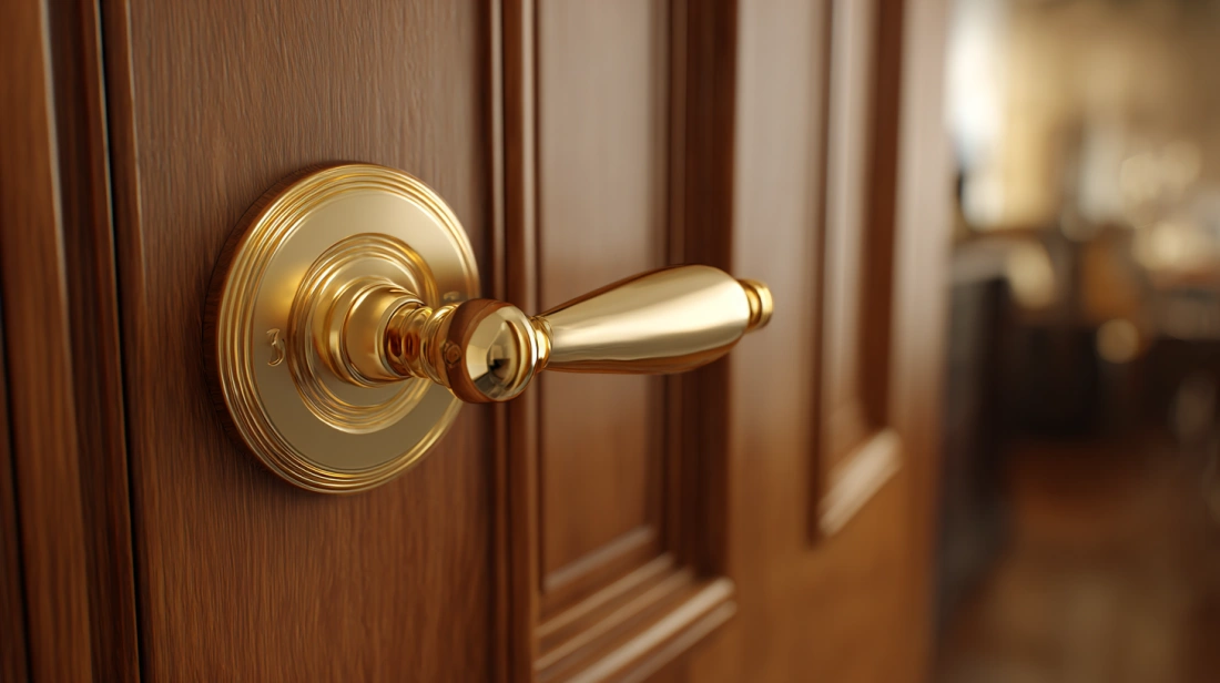 Gold finish handle on rich wooden door