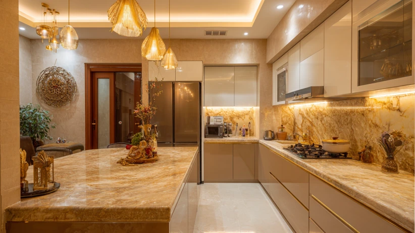 gold granite surface featured in a modern kitchen counter granite design