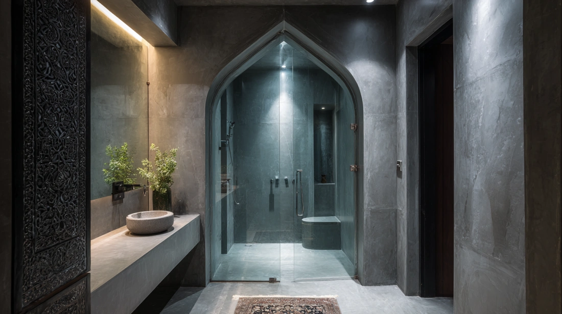 Pointed Gothic archway framing a modern glass shower