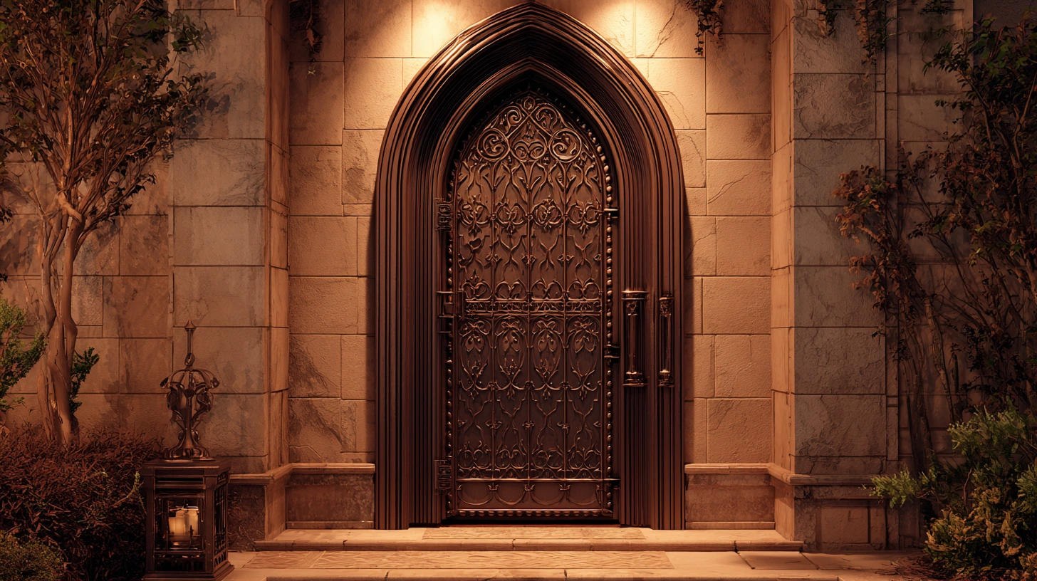 Tall iron gate with pointed arches and Gothic cathedral-style tracery.