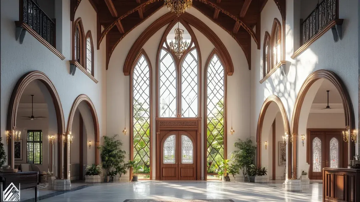 Grand Gothic interior with high pointed arches and large windows