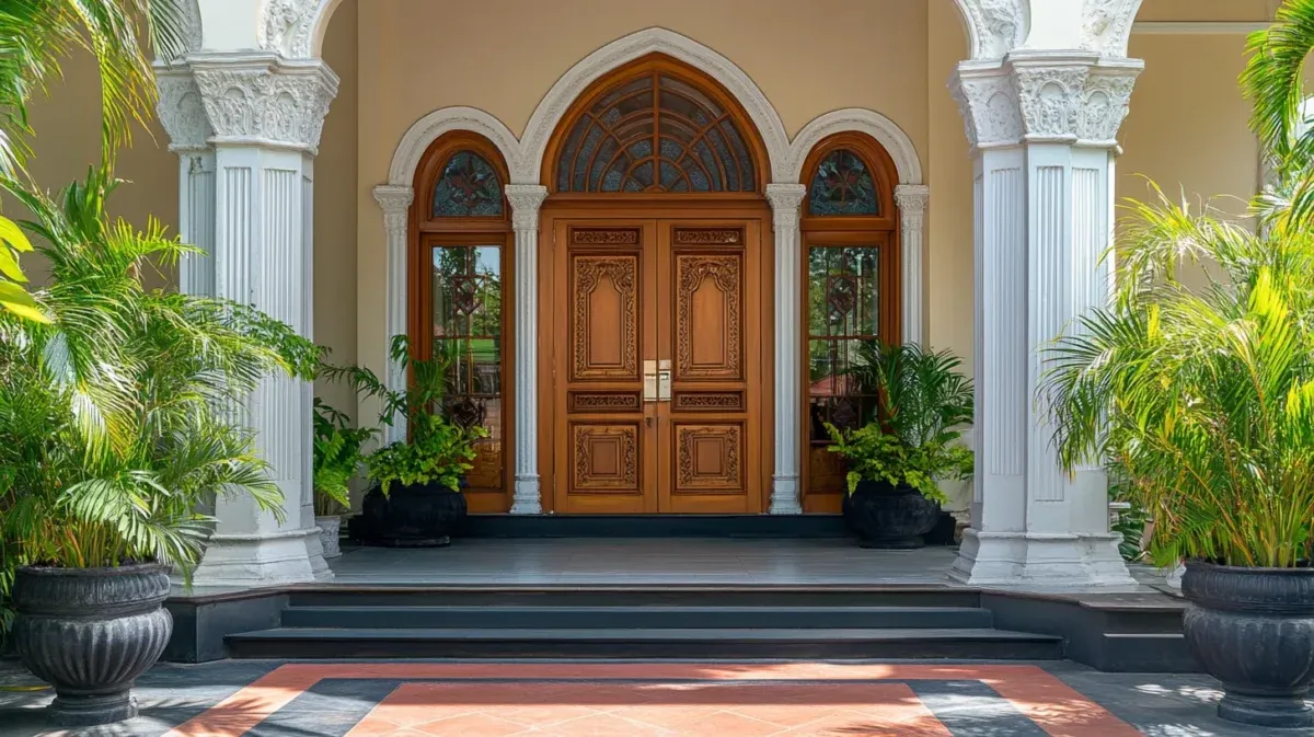 Colonial-style front entry with white pillars and arched wooden doors