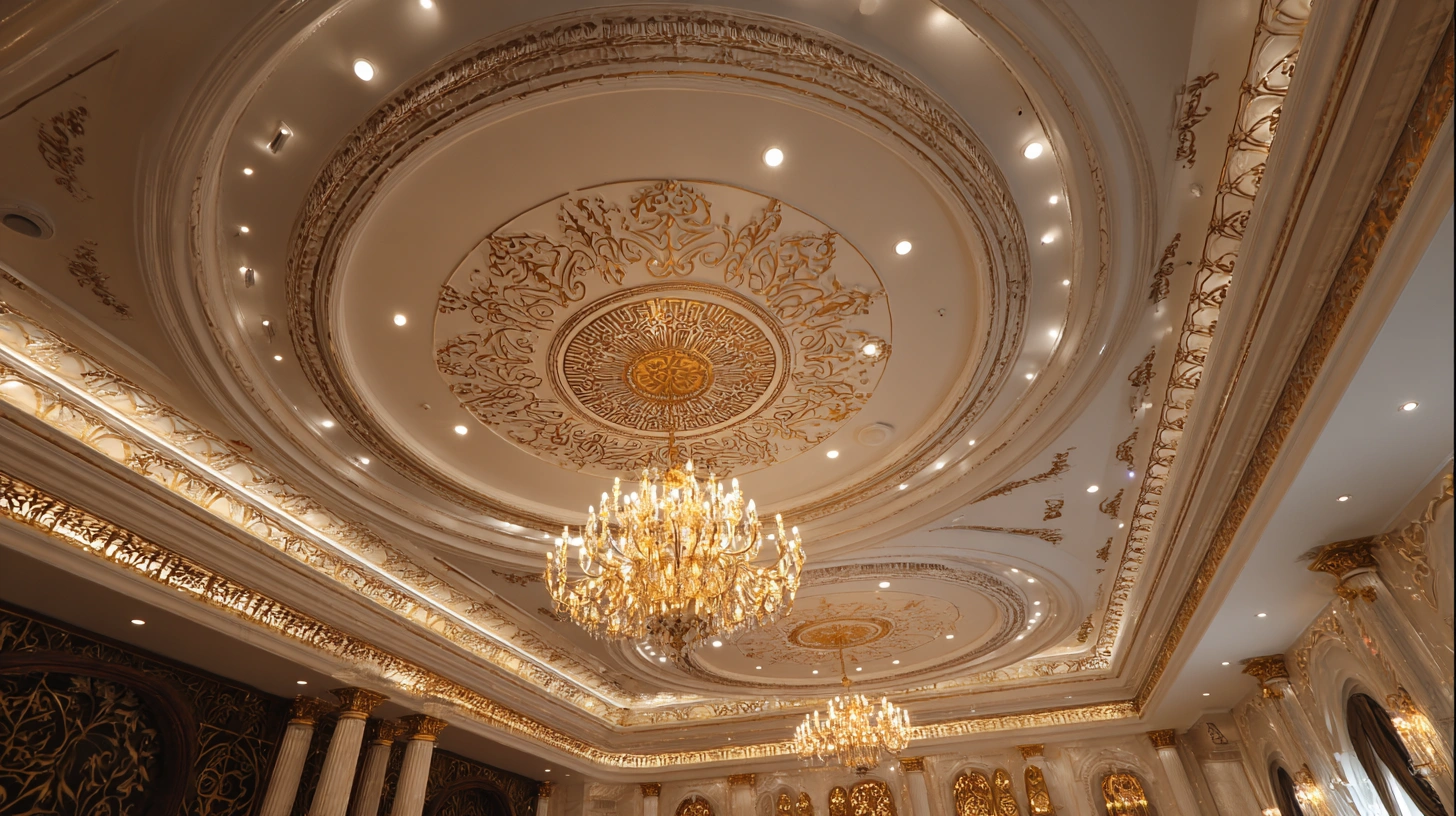Ornate plus-minus POP design with a tiered central chandelier