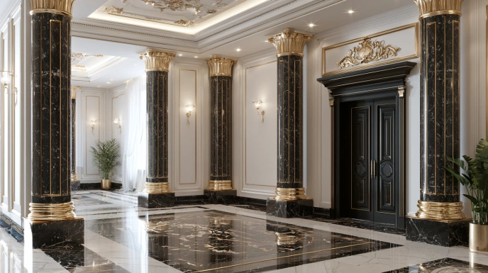 Granite pillar featuring elegant gold accentsGranite pillars with luxurious golden detailing