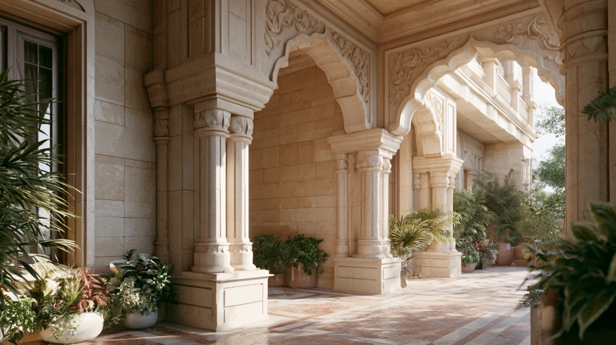 Granite pillars connected by decorative arches