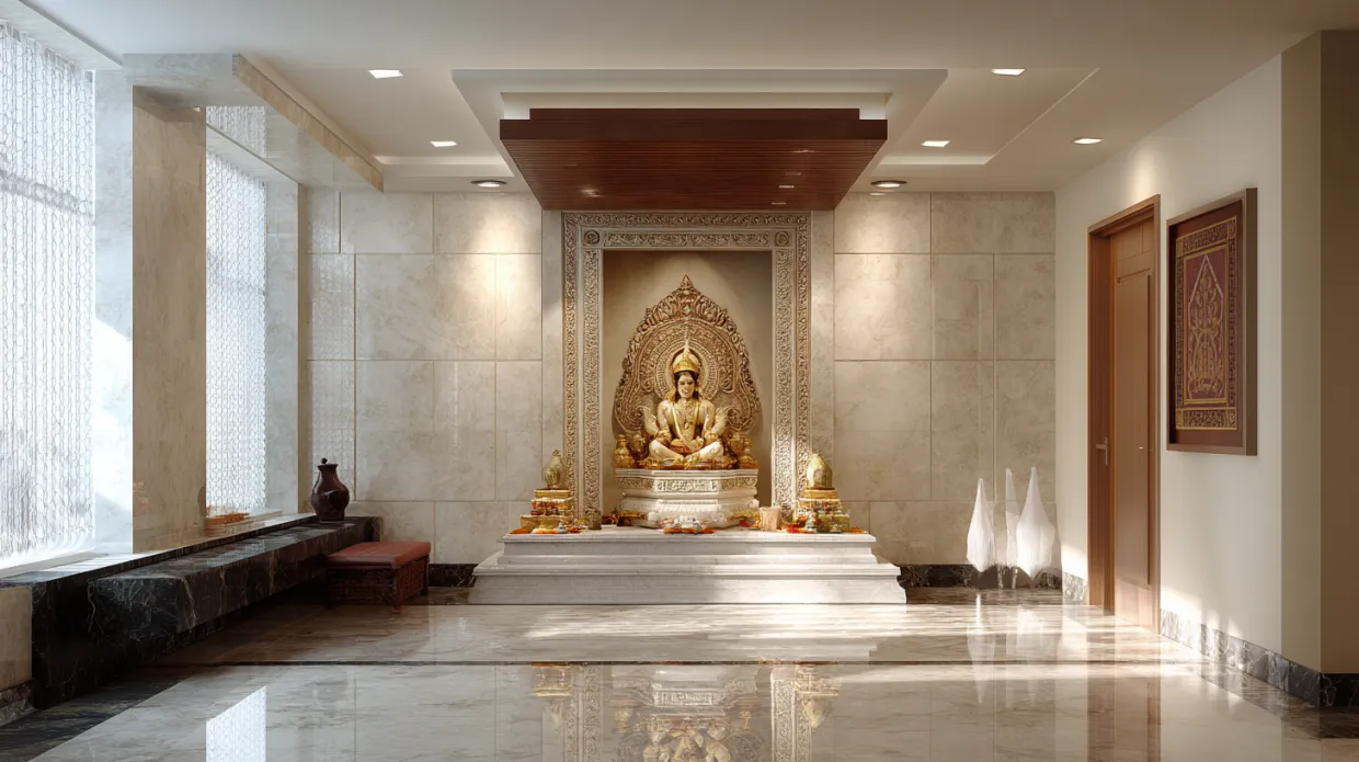 granite pooja room with polished stone unit and soft lighting