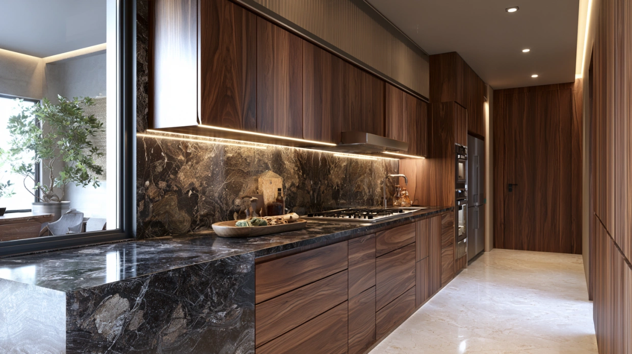 Natural black granite countertop in a modern Indian kitchen