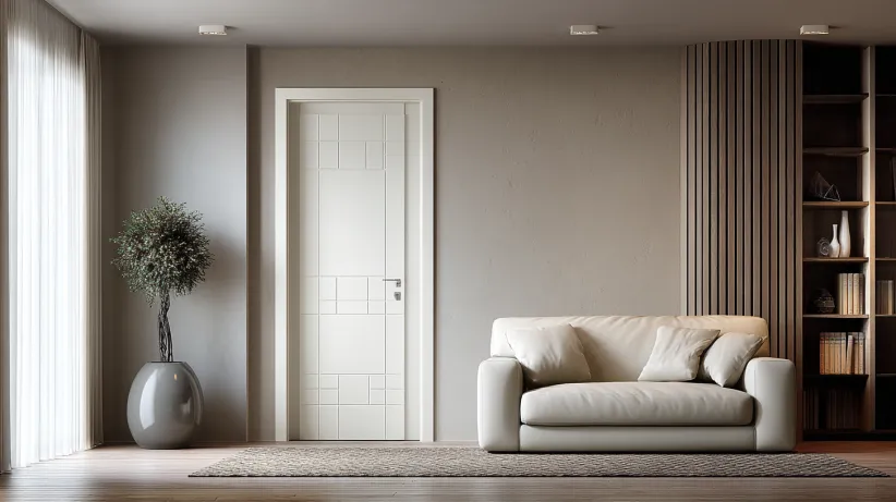 Sleek modern white interior door with graphic panel grid