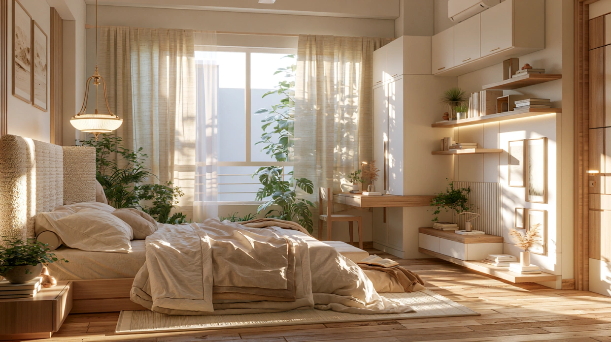 Modern small guest bedroom design with study desk.