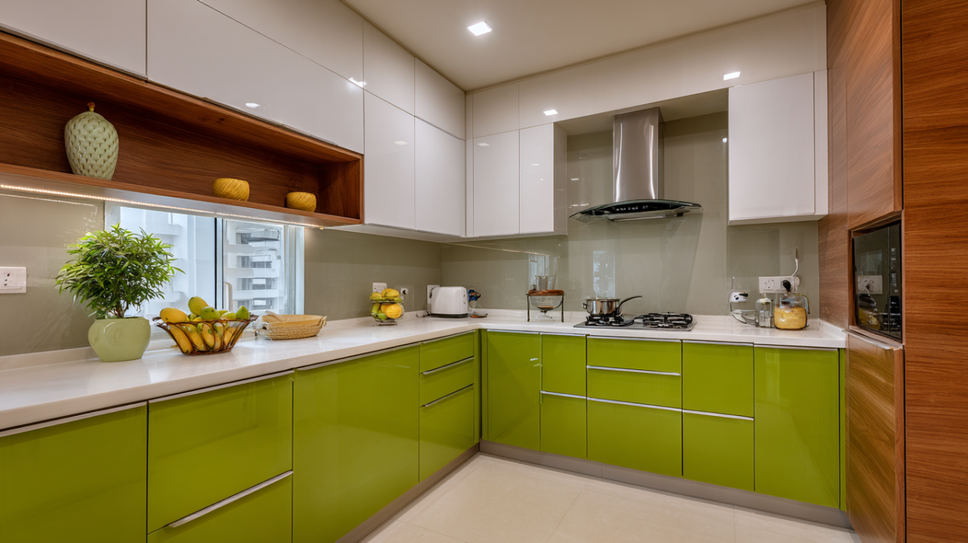 Vibrant green high gloss acrylic kitchen cabinet design