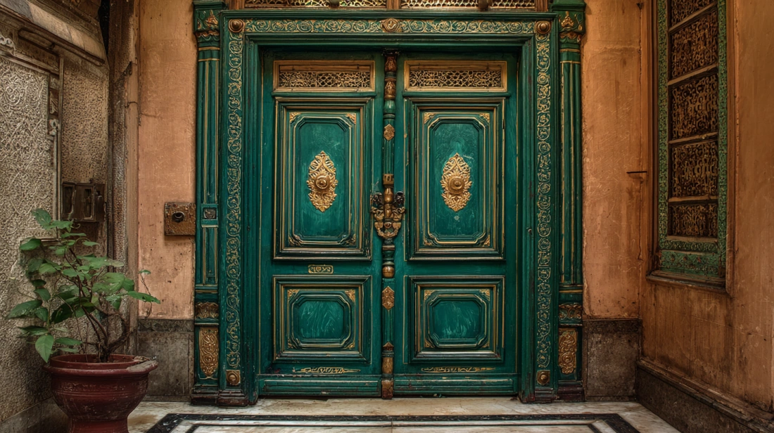 Deep green double door with antique handle rustic charm