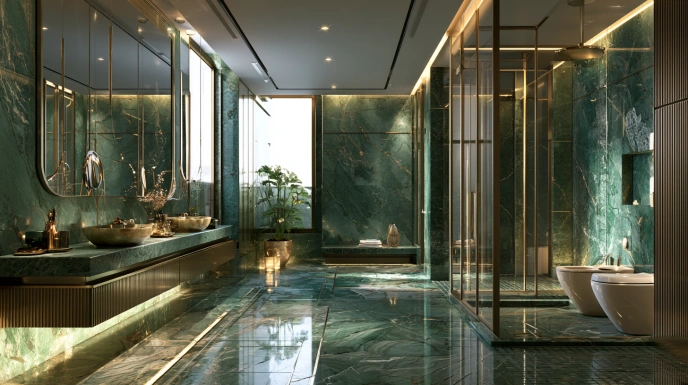 Green marble flooring in a luxury bathroom