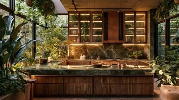 Green marble countertop with wooden cabinets