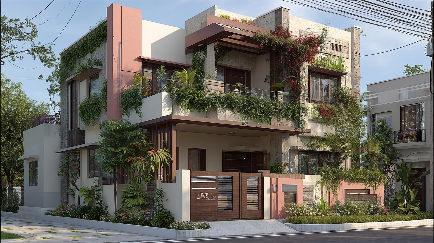 Two-floor house with vertical garden and planters