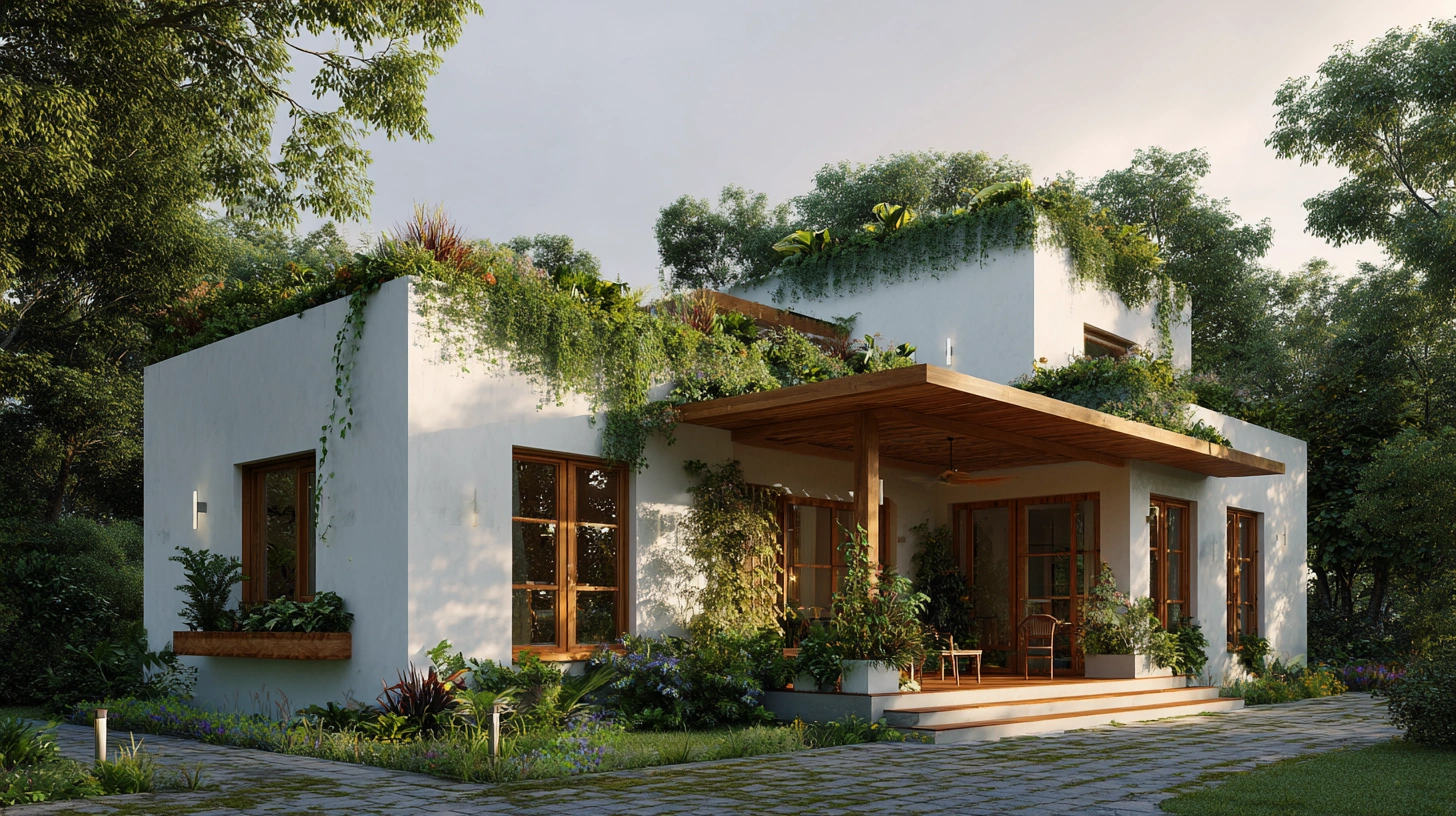 Farmhouse with partial green roof and white walls