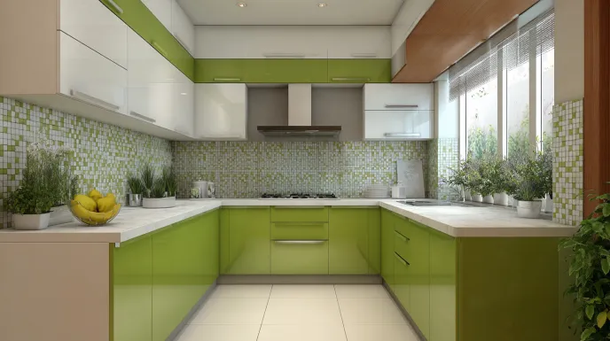 fresh kitchen with green and white cabinet colour combination and minimalist décor