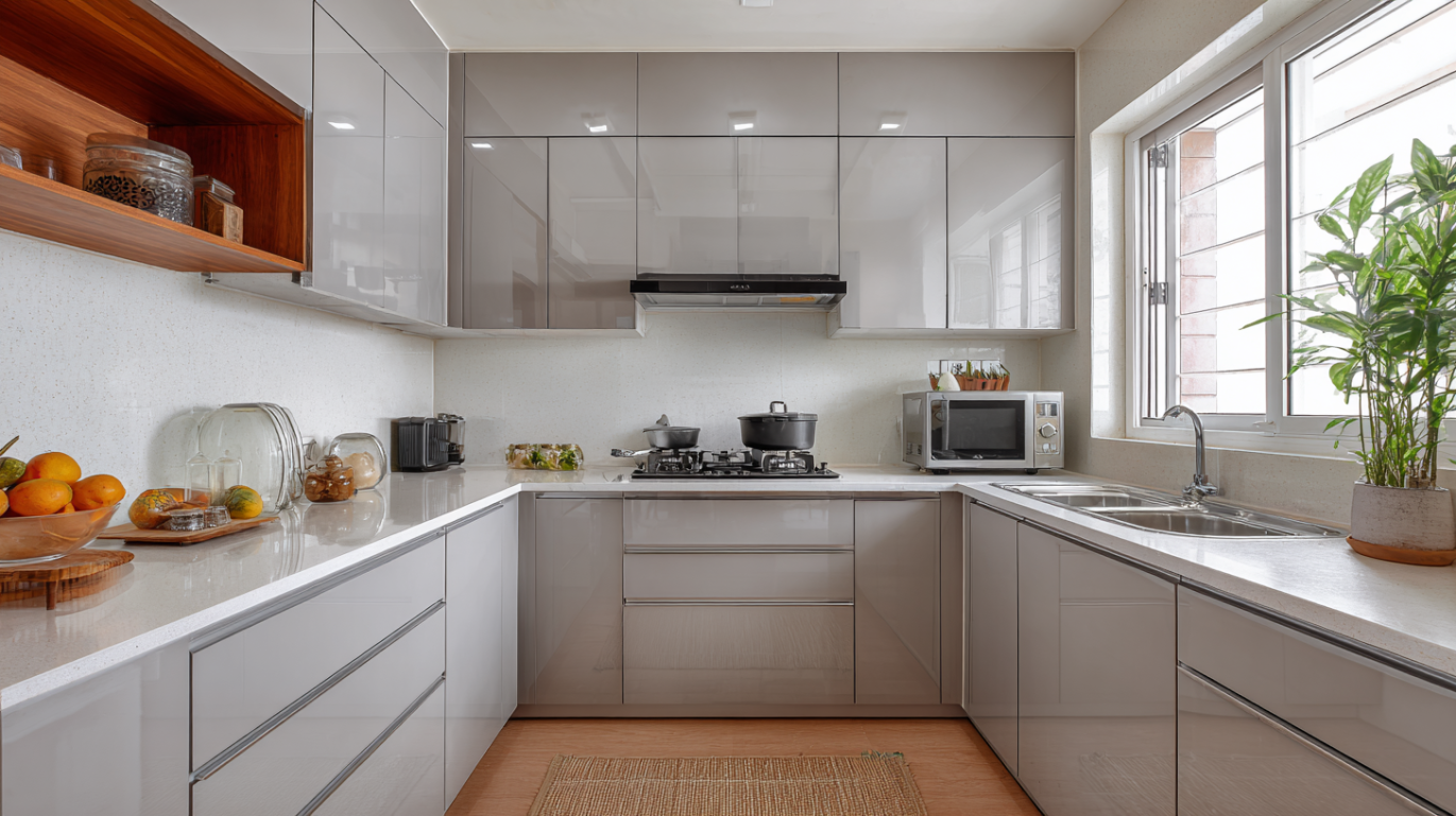 Sleek grey gloss acrylic modular kitchen cabinet layout
