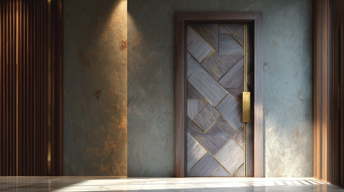 Matte grey door with geometric design and long gold handle