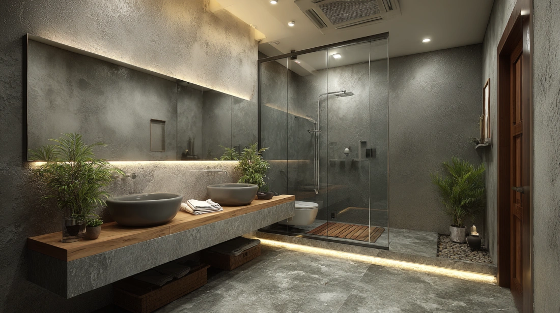 Sophisticated charcoal grey false ceiling in a contemporary bathroom