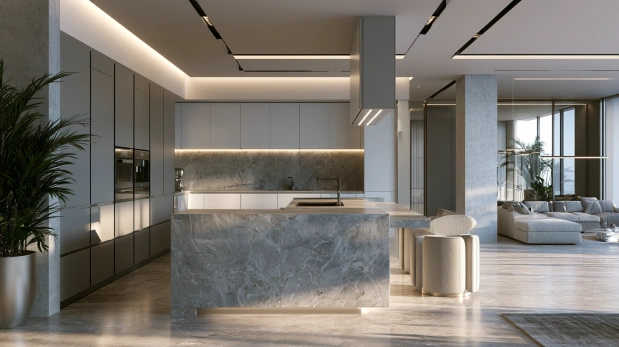 Grey marble countertop in modern kitchen