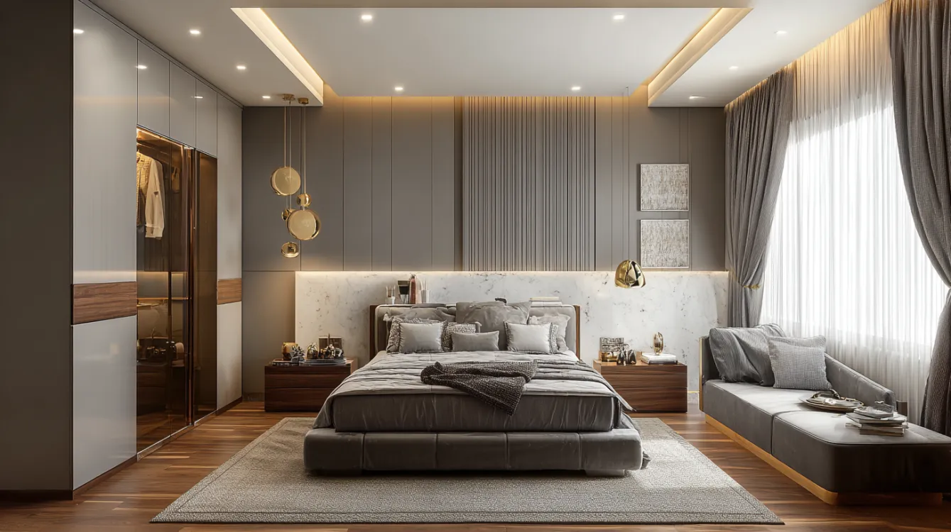 Modern master bedroom pvc false ceiling design with warm lighting