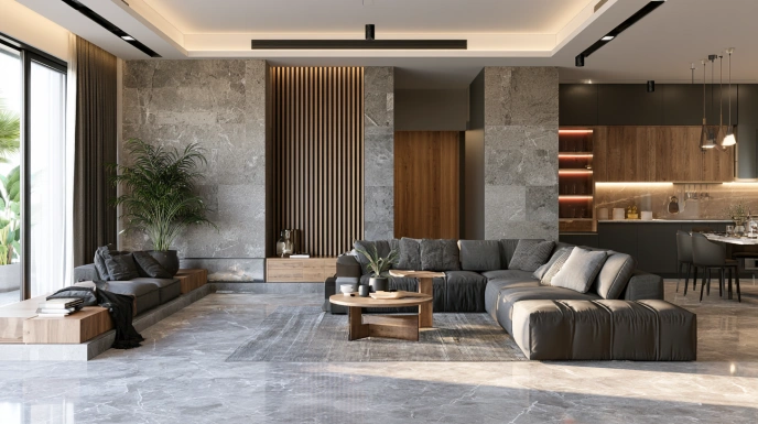 Grey veined marble flooring in a living room